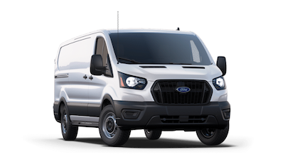 A white 2023 Ford Transit Cargo Van posed against a white background.