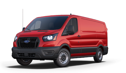 A red 2023 Ford Transit Crew Van with black trim posed against a white background.