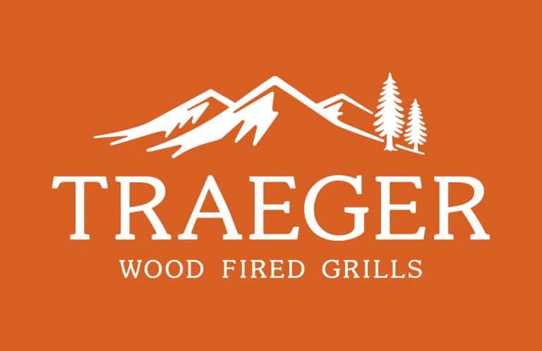 An orange background with white mountains drawn across the top. Below is the Traeger logo written in white.