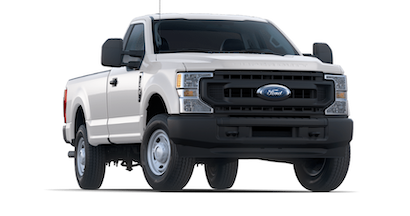 A white 2022 Ford F-250 XLT with black accents posed against a white background.